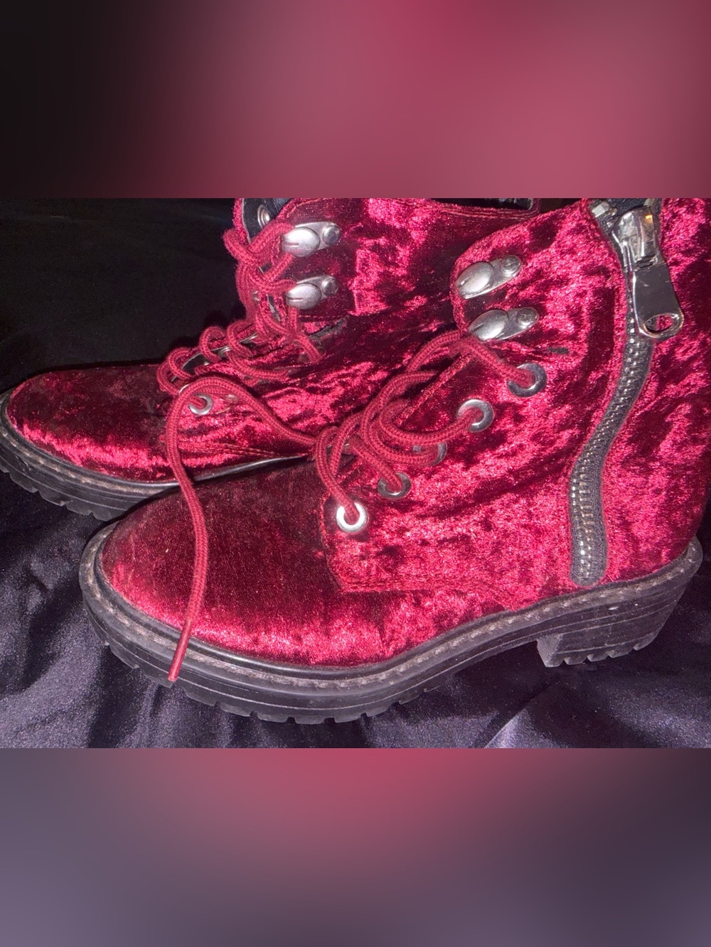 Steve Madden Velvet Lace-Up Combat Boots in Burgundy